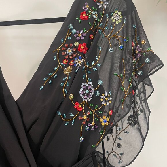 Mac Duggal Faux Wrap Multi Colored Beaded Floral Gown - Picture 13 of 14